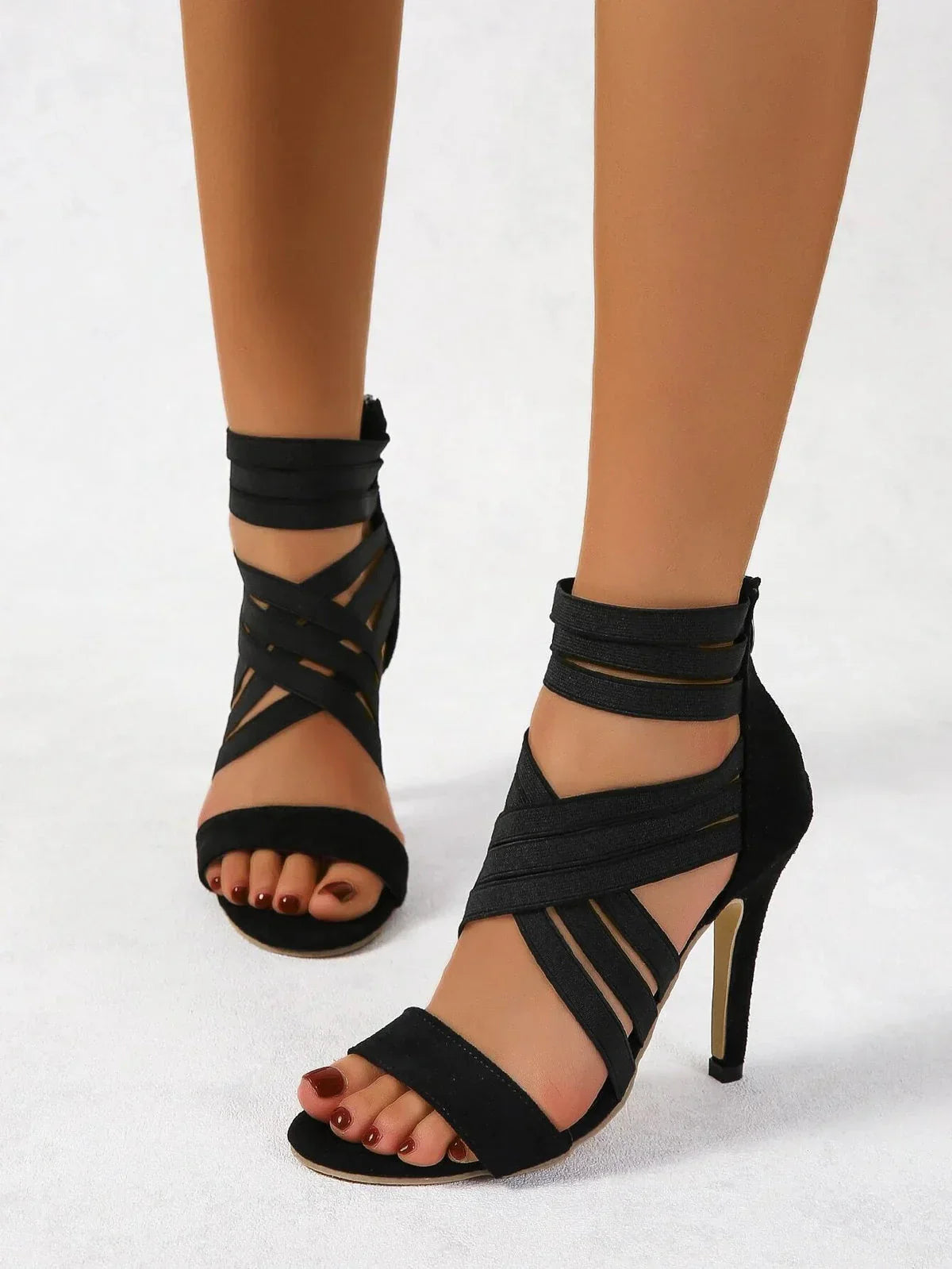 Black Caged Stiletto Sandals – Open Toe Ankle Cuff Heels