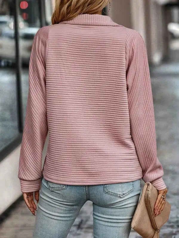 Ribbed Quarter Zip Pullover Sweater – Collared Long Sleeve Knit Top