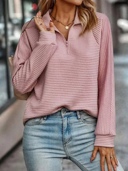 Ribbed Quarter Zip Pullover Sweater – Collared Long Sleeve Knit Top
