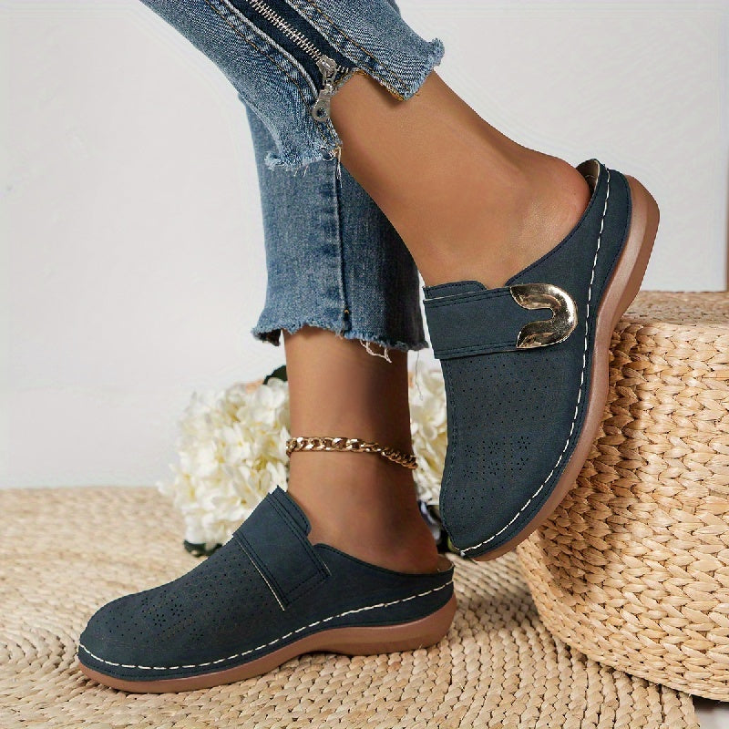 Women's Slip-On Mule Clogs – Cushioned Insole with Buckle Detail