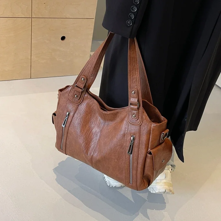 Vegan Leather Shoulder Bag – Large Multi-Pocket Crossbody Tote