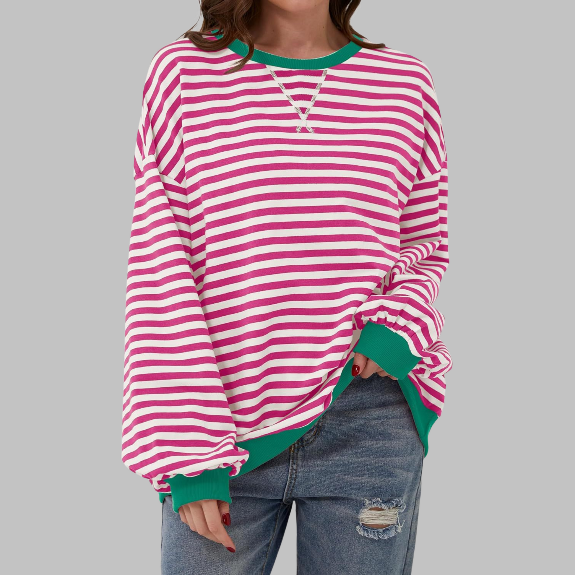 Striped Oversized Crewneck Sweatshirt – Colorblock Cuffs Relaxed Pullover