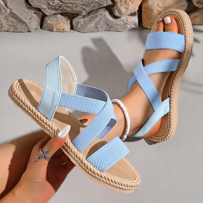 Elastic Strap Espadrille Flatform Sandals – Cross-Band Open Toe Summer