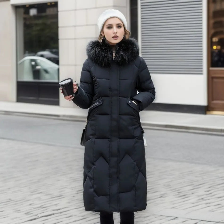 Long Quilted Puffer Coat with Fur Hood – Women's Maxi Winter Coat
