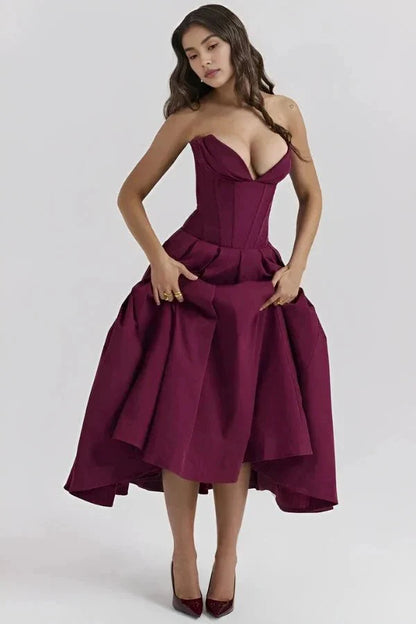 Women's Strapless Corset Midi Dress – Sweetheart Neckline A-Line Party Dress