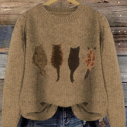 Cat Print Knit Pullover Sweater – Crewneck Relaxed Fit Long Sleeve