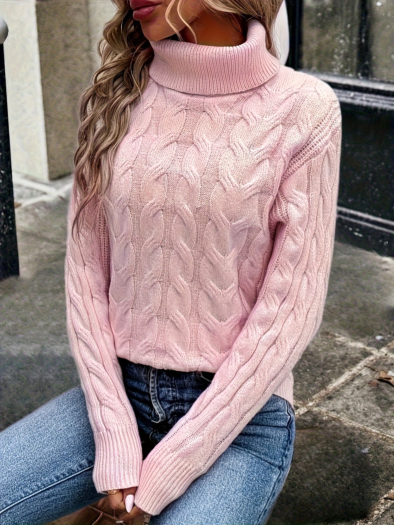 Cable Knit Turtleneck Sweater – Women's Long Sleeve Pullover