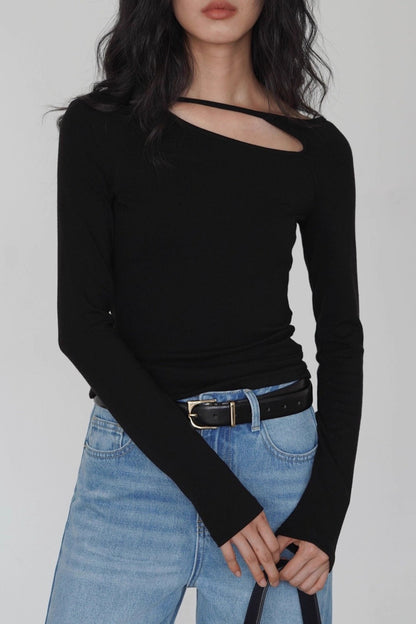 Cutout Long Sleeve Top – Asymmetric Neck Slim Fit Knit