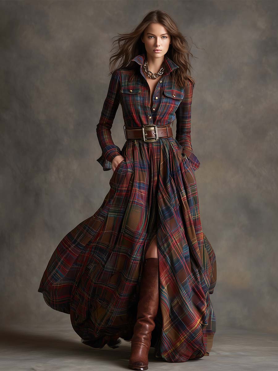 Plaid Maxi Shirt Dress – Long Sleeve Belted Tartan Dress