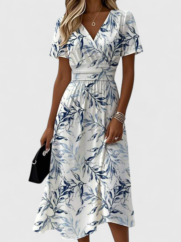 Floral Print Midi Dress – V-Neck Short Sleeve A-Line Summer Dress