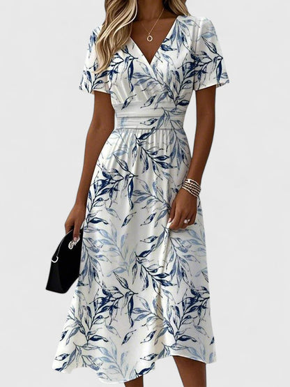 Floral Print Midi Dress – V-Neck Short Sleeve A-Line Summer Dress