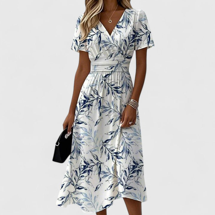 Floral Print Midi Dress – V-Neck Short Sleeve A-Line Summer Dress