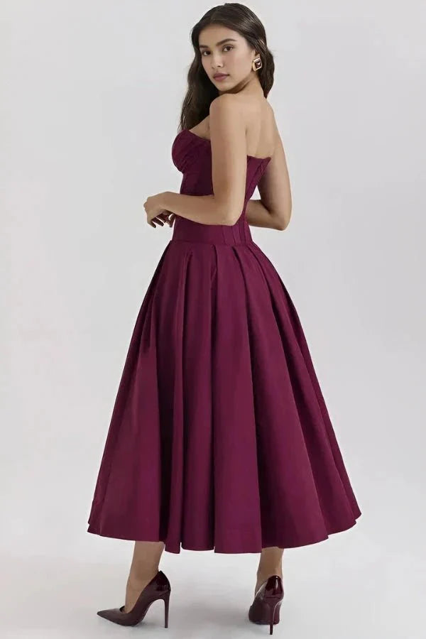 Women's Strapless Corset Midi Dress – Sweetheart Neckline A-Line Party Dress