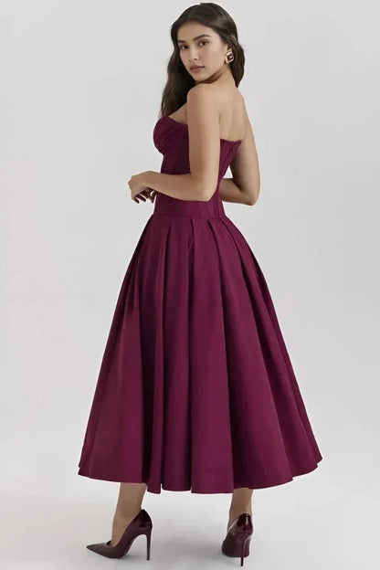 Women's Strapless Corset Midi Dress – Sweetheart Neckline A-Line Party Dress