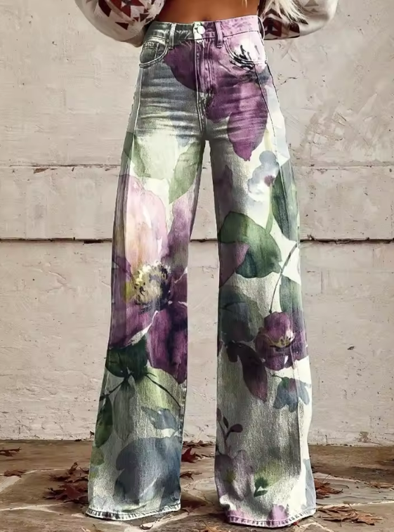 Floral Wide-Leg Jeans – High-Waisted Boho Denim Pants