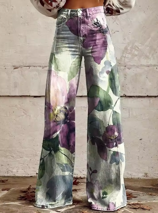 Floral Wide-Leg Jeans – High-Waisted Boho Denim Pants