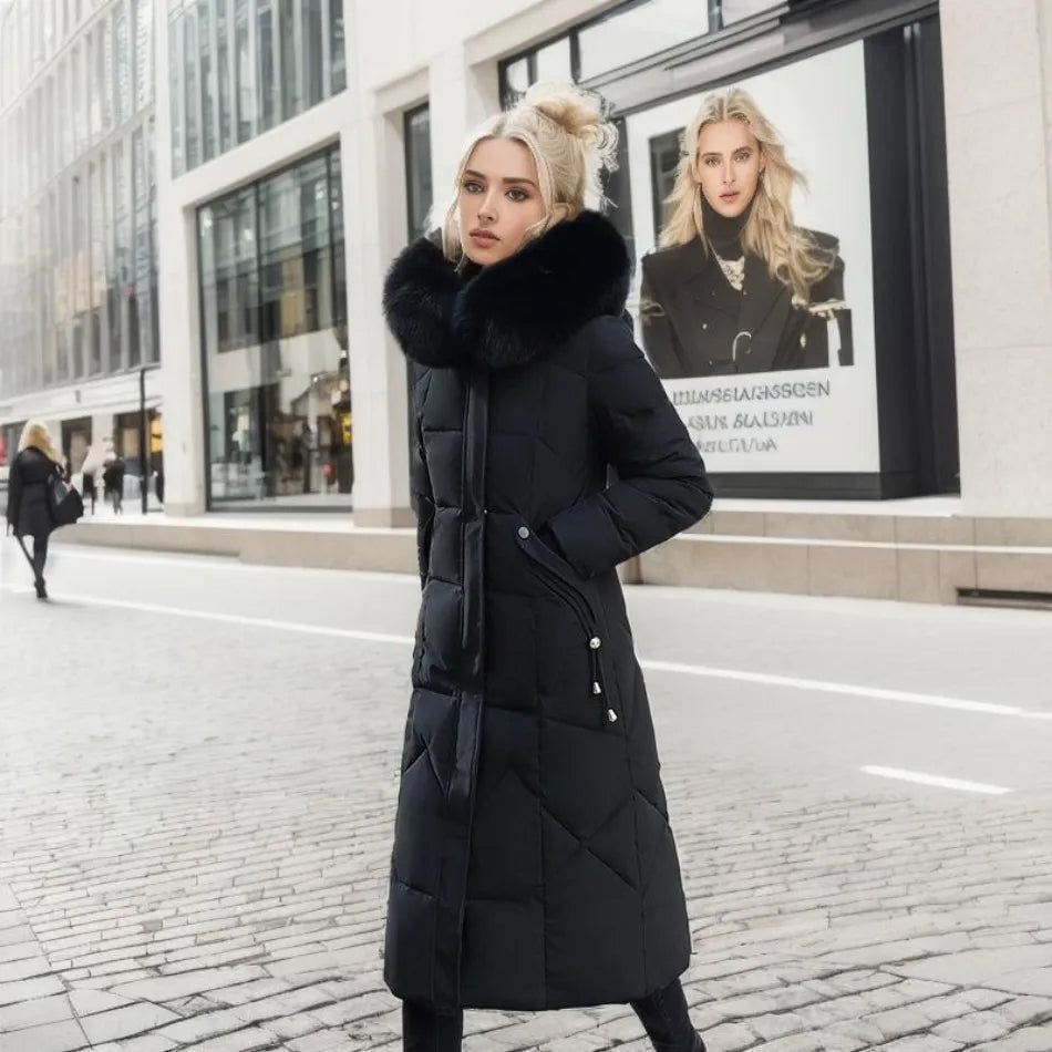 Long Quilted Puffer Coat with Fur Hood – Women's Maxi Winter Coat