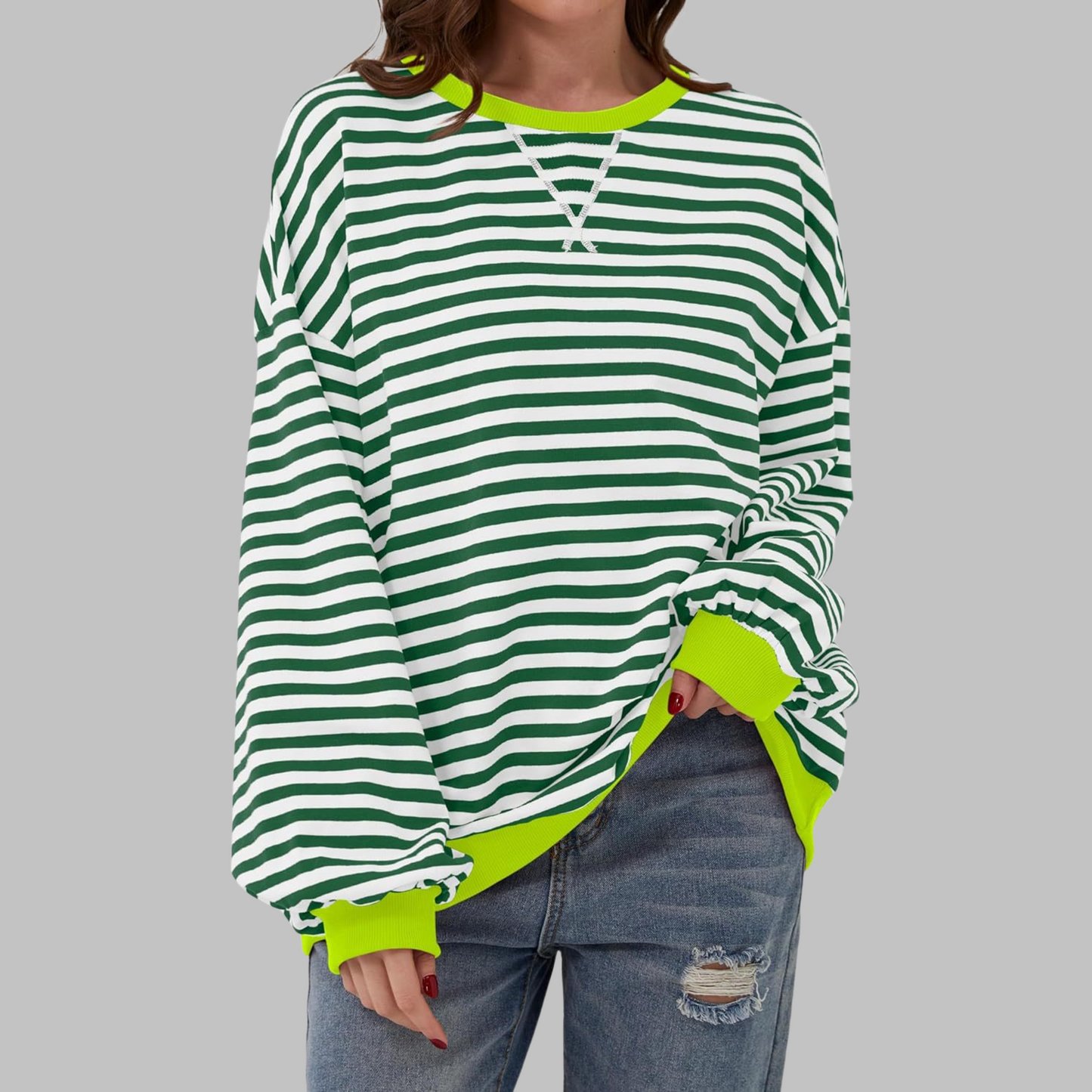 Striped Oversized Crewneck Sweatshirt – Colorblock Cuffs Relaxed Pullover