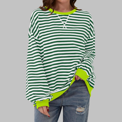 Striped Oversized Crewneck Sweatshirt – Colorblock Cuffs Relaxed Pullover