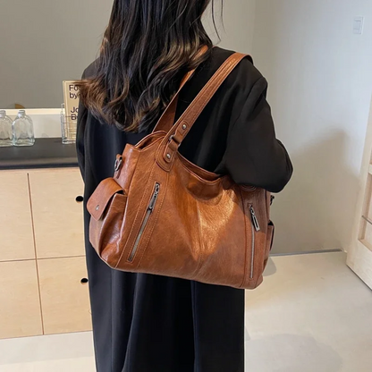 Vegan Leather Shoulder Bag – Large Multi-Pocket Crossbody Tote