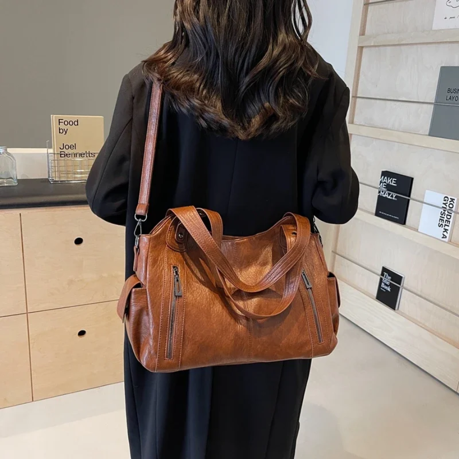 Vegan Leather Shoulder Bag – Large Multi-Pocket Crossbody Tote