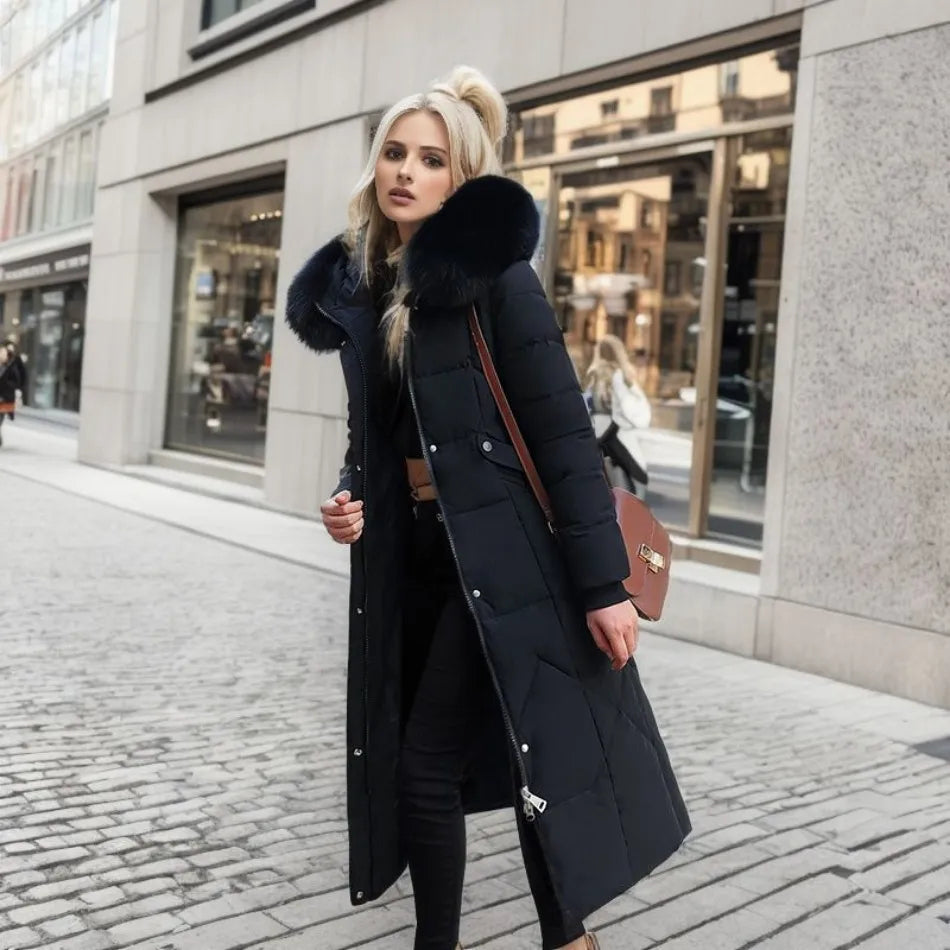 Long Quilted Puffer Coat with Fur Hood – Women's Maxi Winter Coat