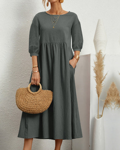 Smocked Waist Midi Dress – Puff Sleeve Round Neck A-Line