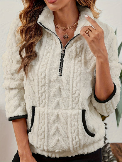 Sherpa Fleece Half-Zip Pullover – Textured Long Sleeve with Kangaroo Pocket