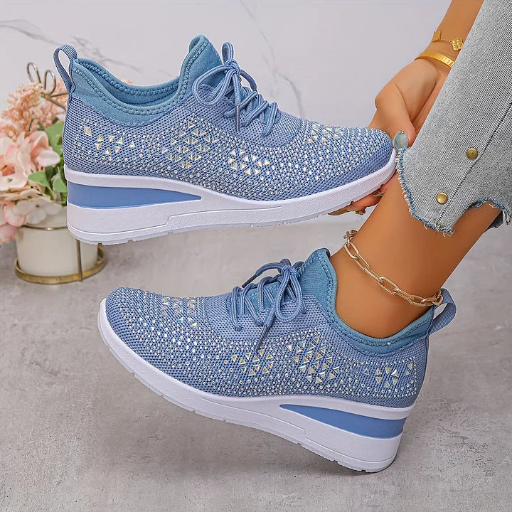 Rhinestone Knit Wedge Sneakers – Lace-Up Casual Platform Shoes
