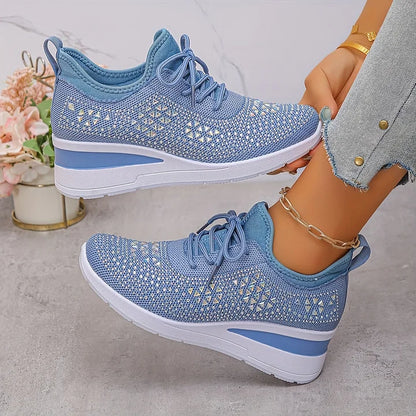 Rhinestone Knit Wedge Sneakers – Lace-Up Casual Platform Shoes