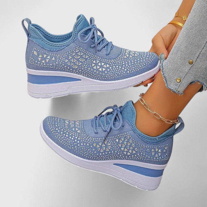 Rhinestone Wedge Sneakers – Women's Knit Lace-Up Platform Shoes
