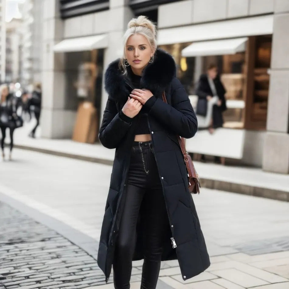 Long Quilted Puffer Coat with Fur Hood – Women's Maxi Winter Coat