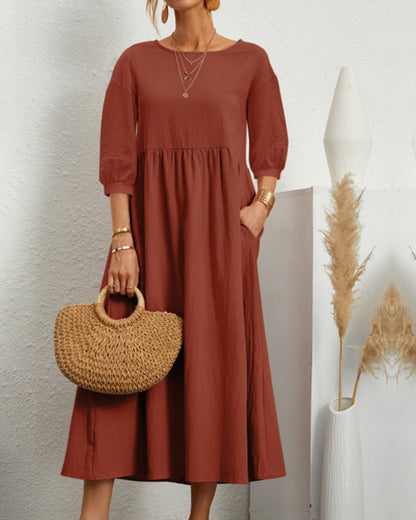 Smocked Waist Midi Dress – Puff Sleeve Round Neck A-Line