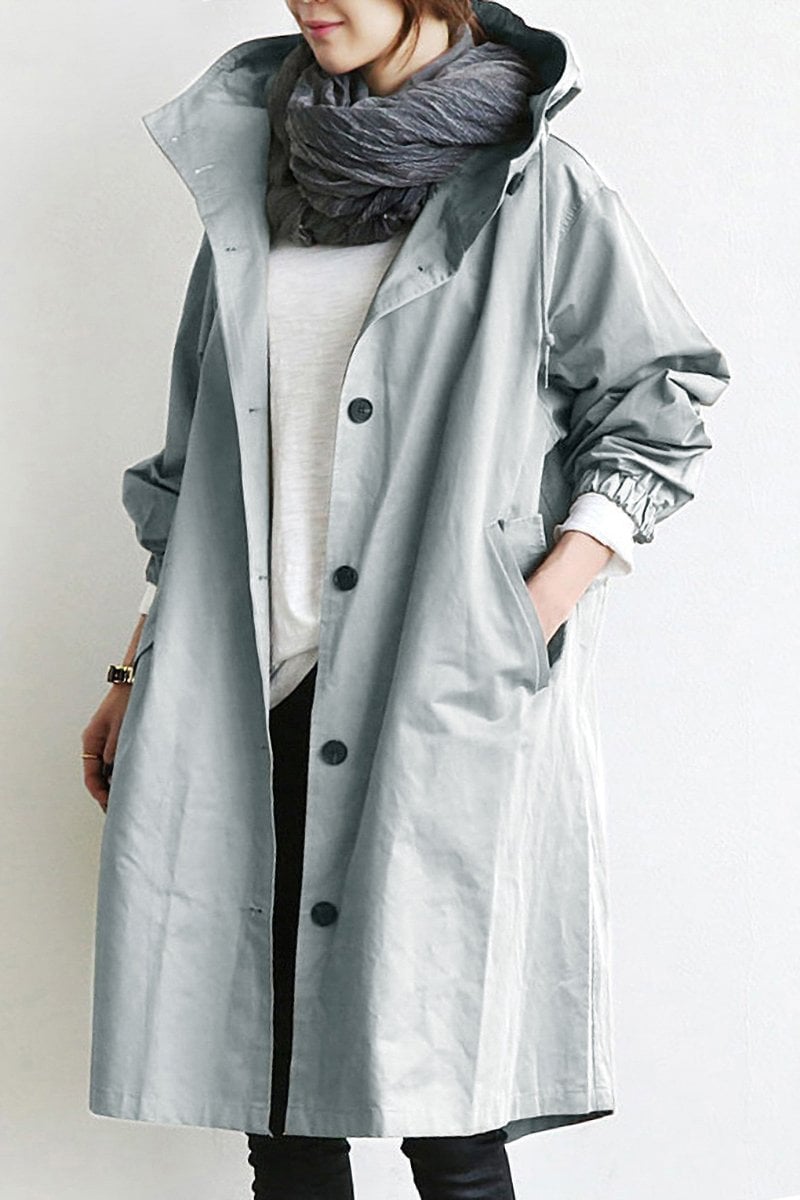 Button-Front Hooded Rain Coat – Knee-Length Loose Fit