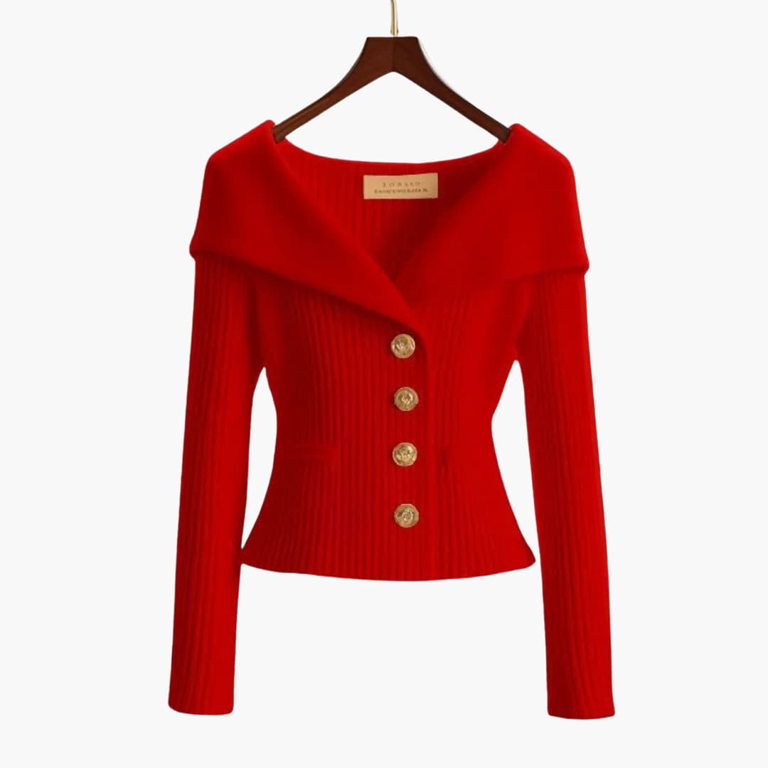 Off-Shoulder Ribbed Knit Cardigan – Button-Front Cropped Top