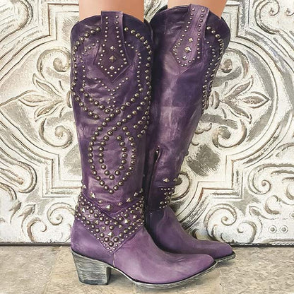 Studded Knee-High Western Boots – Distressed Faux Leather Block Heel