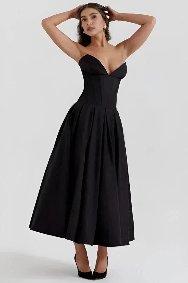 Women's Strapless Corset Midi Dress – Sweetheart Neckline A-Line Party Dress
