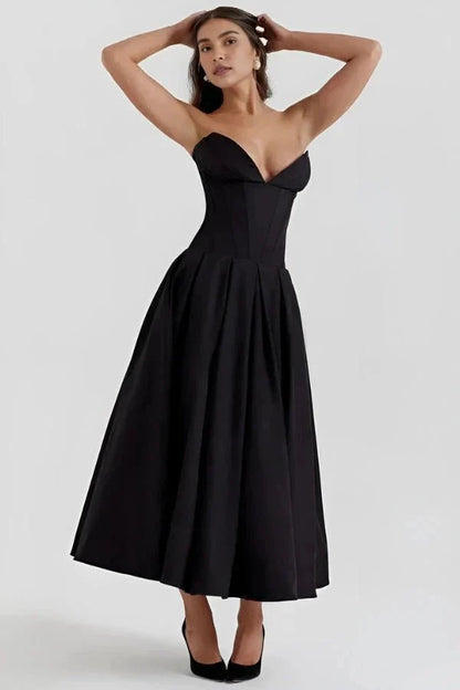 Women's Strapless Corset Midi Dress – Sweetheart Neckline A-Line Party Dress