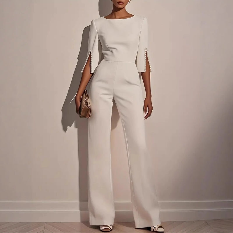 Wide-Leg Formal Jumpsuit – Boat Neck Split Sleeve Pearl Detail