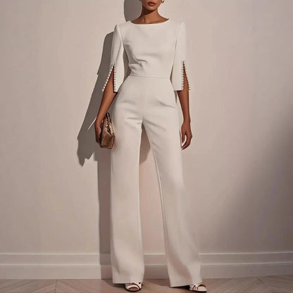 Wide-Leg Formal Jumpsuit – Boat Neck Split Sleeve Pearl Detail