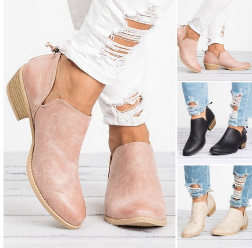 Slip-On Block Heel Ankle Boots – V-Cut Booties Retro Style