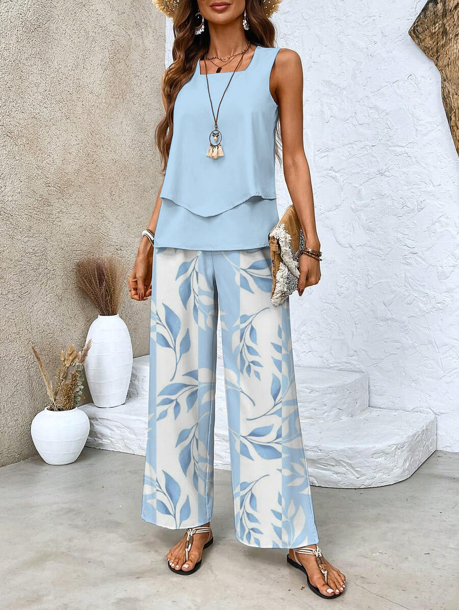 Layered Sleeveless Top Wide-Leg Pants Set – Square Neck Summer Two-Piece
