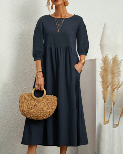 Smocked Waist Midi Dress – Puff Sleeve Round Neck A-Line