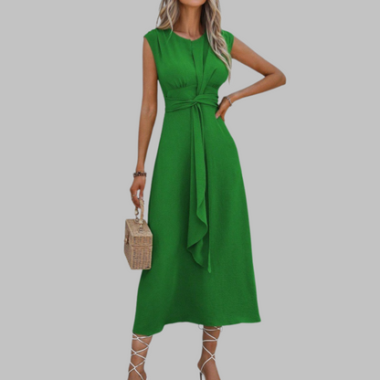 Sleeveless Tie Waist Maxi Dress – A-Line Round Neck Dress
