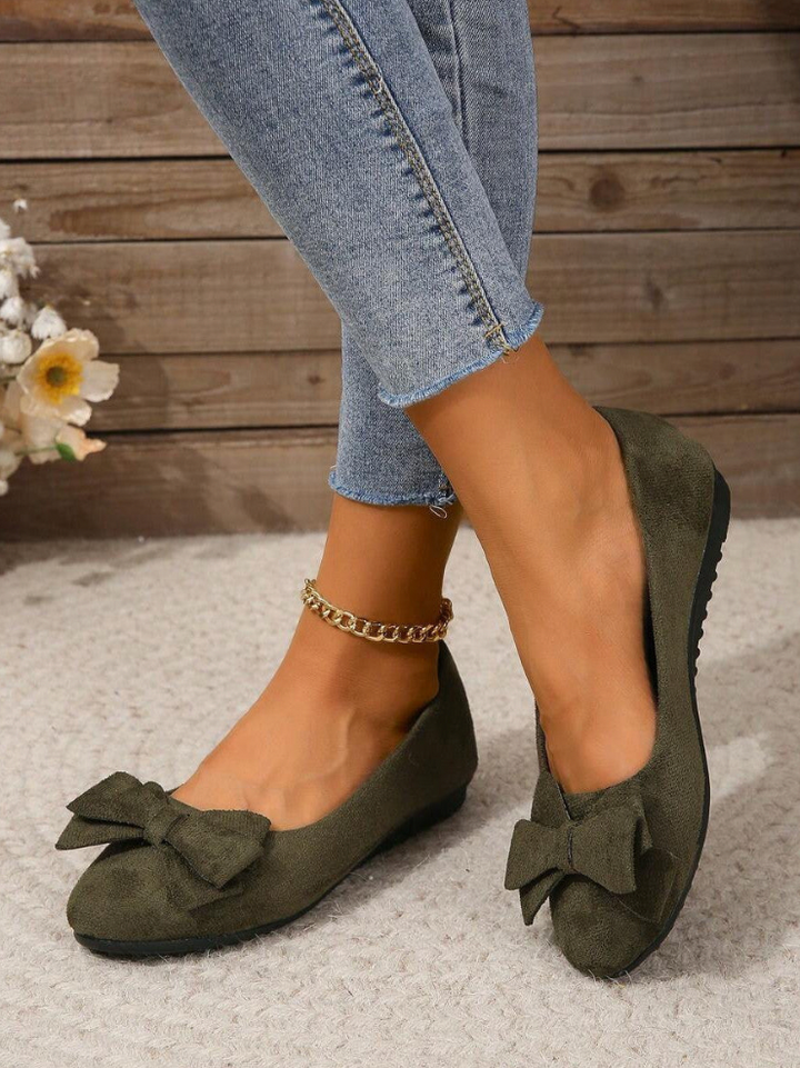 Suede Bow Ballet Flats – Women's Round Toe Slip-On Flats
