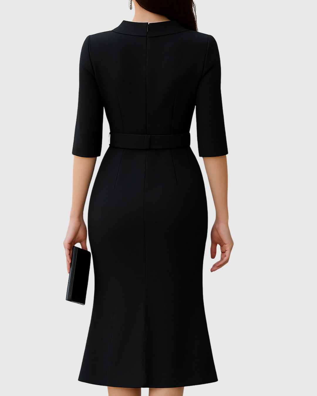 Black Belted Midi Dress – Half Sleeve Front Slit Office Dress