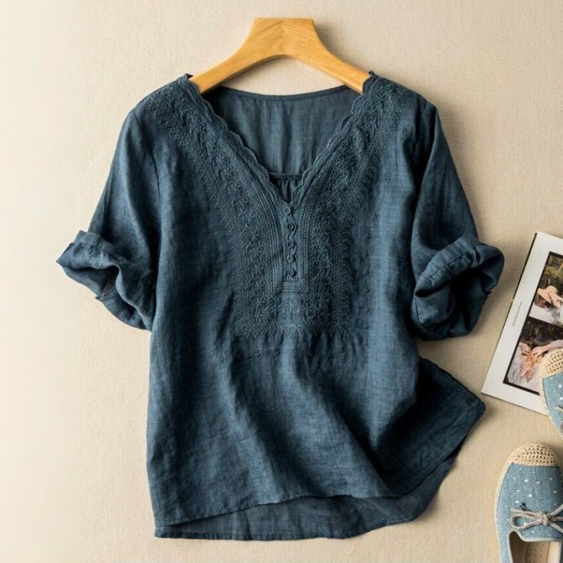 Cotton Linen Embroidered Blouse – V-Neck Scallop Half Sleeve Top
