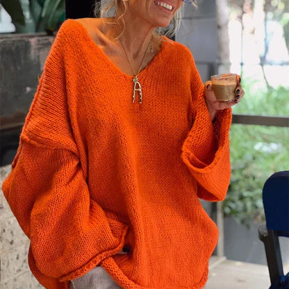Oversized V-Neck Knit Sweater – Long Sleeve Loose Pullover
