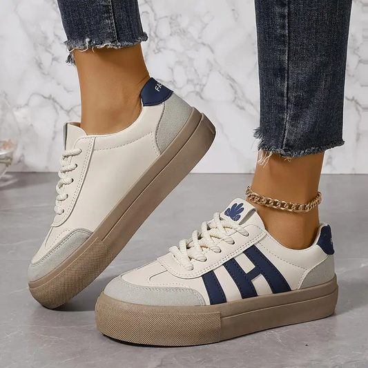Women's Platform Sneakers – Retro Color Block Lace-Up Low-Top
