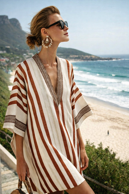 Striped Kaftan Dress – V-Neck Short Sleeve Beach Cover-Up